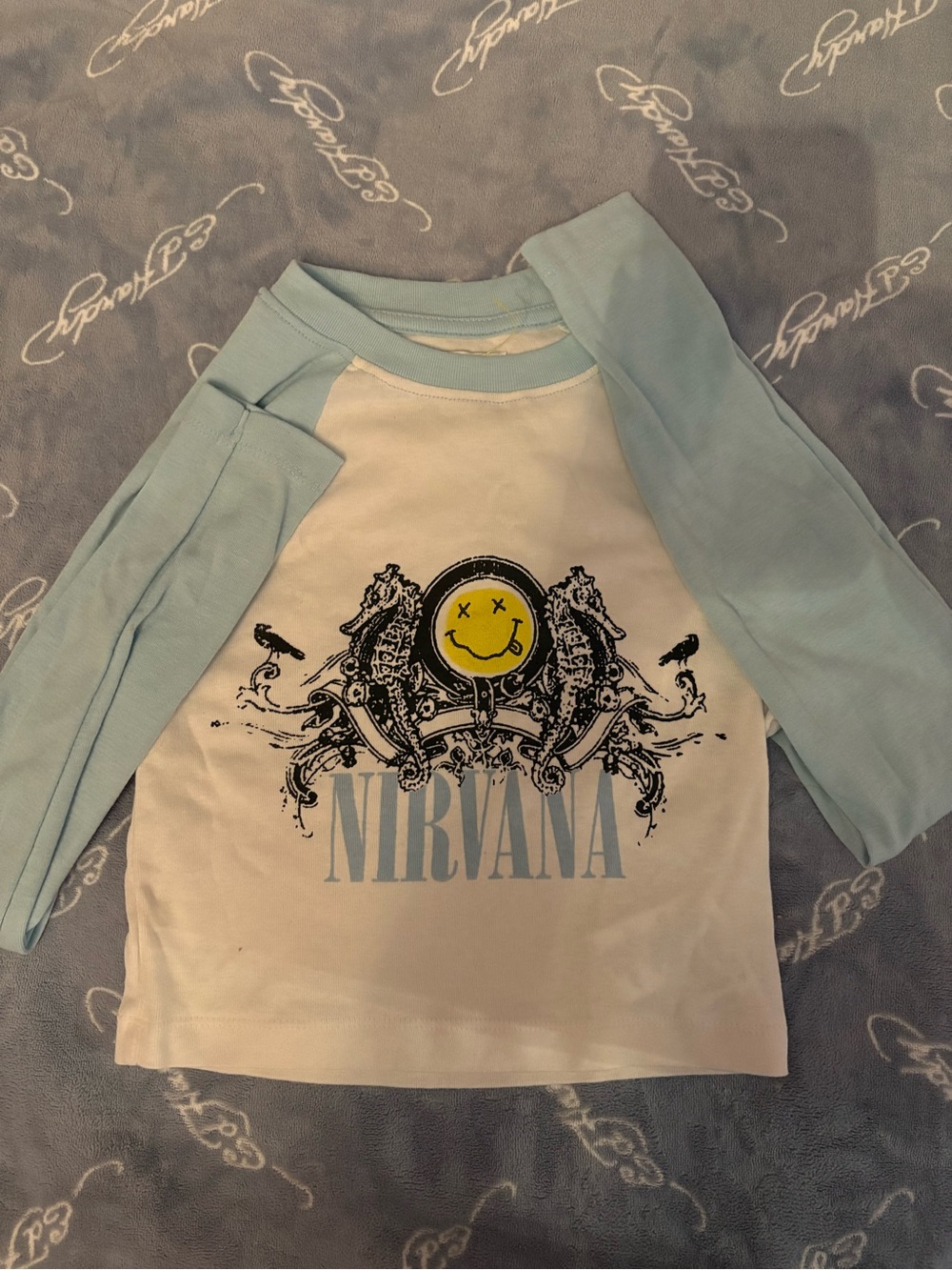 NIRVANA Raglan Tee with Yellow Smiley and Light Blue Sleeves
